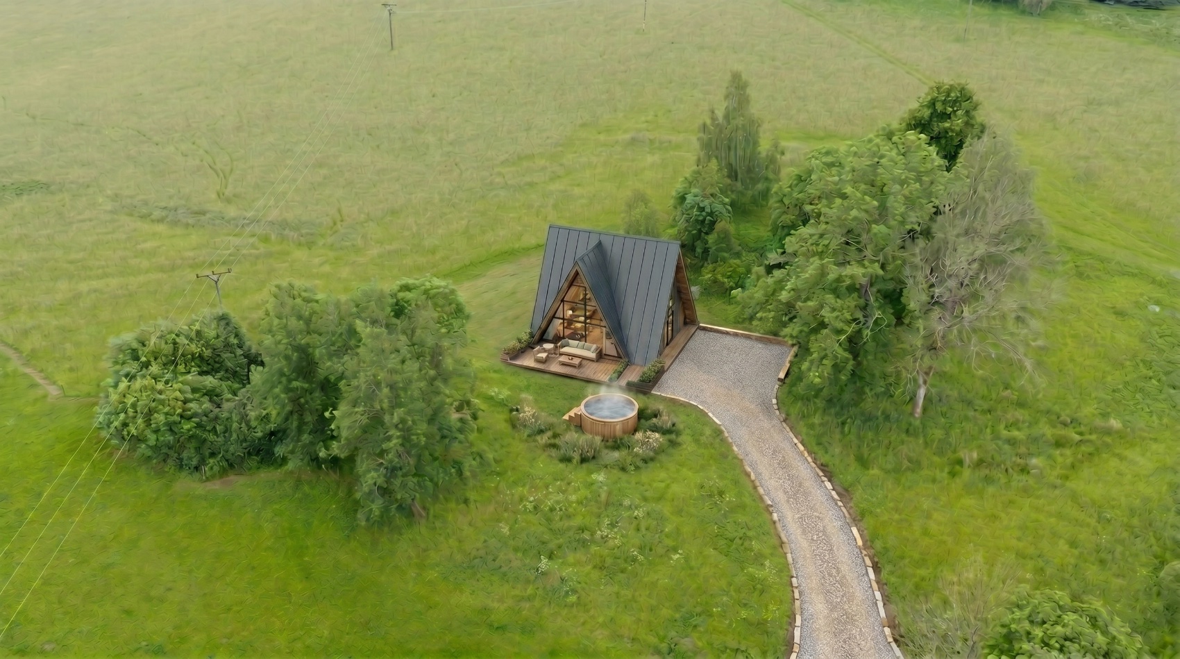 Vizualizace A-frame chaty s prosklenou čelní stěnou