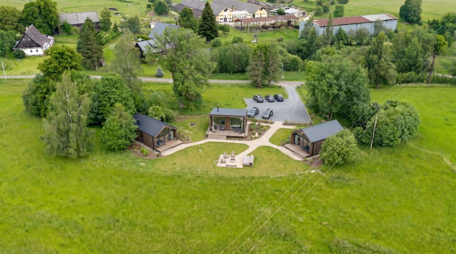 Vizualizace glamping chatek z výšky